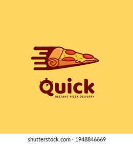 Quick pizza delivery logo, fast food instant pizza restaurant logo with flying bullet speed slice of pizza icon illustration in cartoon style