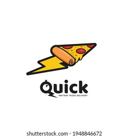 Quick pizza delivery logo, fast food instant pizza restaurant logo with lightning speed slice of pizza icon illustration in cartoon style