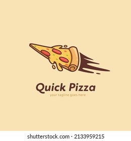 Quick pizza logo, fast pizzeria delivery logo with flying pizza illustration icon