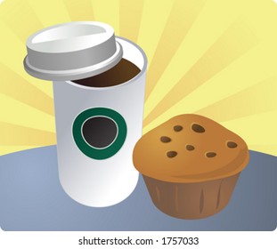 Desayuno rápido y portátil para llevar, taza de café y muffin. Ilustración del vector