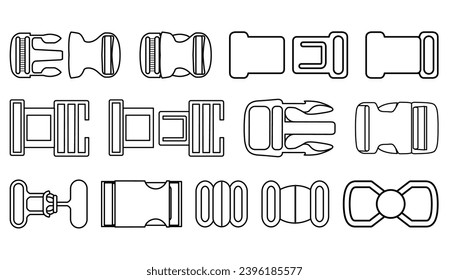Quick Release buckles flat sketch vector illustration, set of bag accessories, lock, Clips, Berg and ladder locks buckles for back packs, climbing equipment, garments dress fasteners and Clothing belt svg