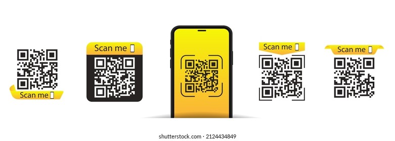  Quick Response code. QR code templates frames. Scan me, scanning tags of QR code. Set of templates for payment, link, application etc.