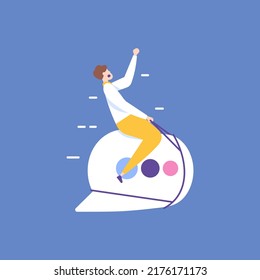 quick response. fast reply and message. sending message. improve and develop communication skills. dialogue and announcements. businessman or boy riding a chat bubble. illustration concept design