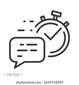 quick response icon, check out of fast answer, text bubble and stopwatch, thin line symbol on white background, editable stroke vector illustration eps10