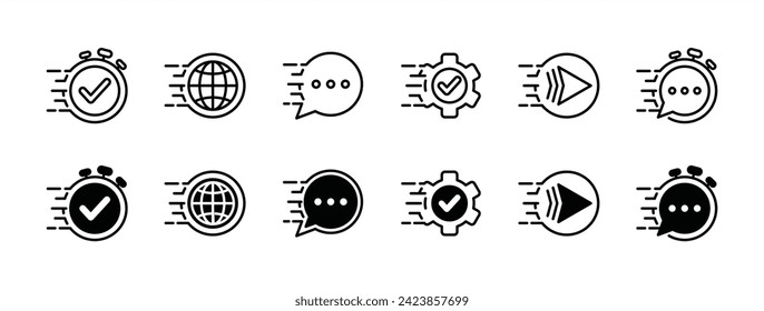 Quick response thin line icon set. Fast service and support. Containing message, comment, delivery time, and feedback for successful business. Vector illustration