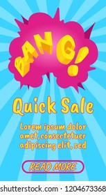 Quick sale concept banner. Isometric banner of quick sale comics vector concept for web, giftcard and postcard