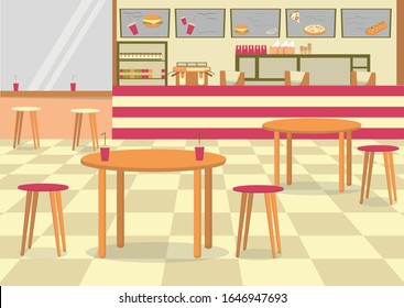 Quick Service Restaurant Serving Fast Food Cuisine. Limited Menu with So Called Meat and Sweet Diet Options, Hamburgers, Pizza, Hot Dogs and Flavored Beverages. Tables and Stools to Grab Quick Snack.