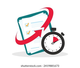 Quick services, checklist and stopwatch. Quick survey. Planning, procrastination and efficiency, project management, quick questionnaire. Speed and fast time symbol. Vector illustration