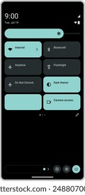 Quick settings Dark mode Panel in android smart phone illustration front view. Punch hole display. Round icons modern UI in Flat color vector.