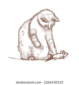 A quick sketch of a cat. The cat is playing with a toy mouse. Hand drawn vector illustration.