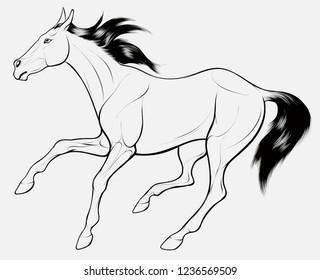 Quick sketch of monochromatic horse with dark long mane, galloping free. Vector clip art and design element for equestrian farms. Emblem of an agricultural animal.