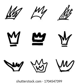 A quick sketch of nine crowns with different materials. Vector illustration. White background, black lines.