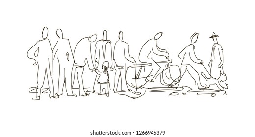 A quick sketch of people in a crowd. Vector drawing.
