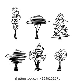 Quick sketches of different trees by sloppy quirky scribbles, Vector sketch, Hand drawn doodle set