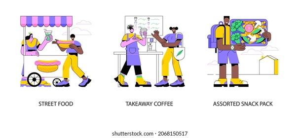Quick snack abstract concept vector illustration set. Street food, takeaway coffee, assorted snack pack, city food truck, take-out menu, nutrition diet, business lunch, bakery abstract metaphor.