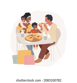 Quick snack isolated cartoon vector illustration. Family at food court snacking, shopping bags, eating at the mall, having lunch, weekend together, commercial center, snack bar cartoon vector.