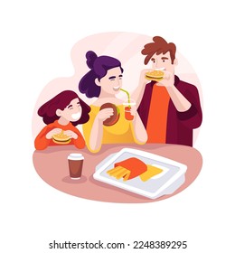 Quick snack isolated cartoon vector illustration. Family at food court snacking, shopping bags, eating at the mall, having lunch, weekend together, commercial center, snack bar vector cartoon.