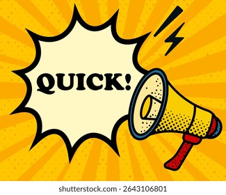 Quick speech bubble. Megaphone, lightning, speech burst, sound lines, pop art style, loudspeaker, public speaking, yellow background, expression, voice, alert, broadcast