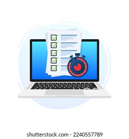 Quick survey. Badge icon. Check list and stopwatch. Exam application. Quick survey sign.