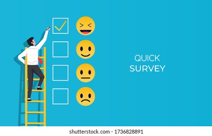 Quick survey design concept. Businessman character standing on ladder and fill white tick checkbox on face emotions in happiness symbol for best service ranking. Customer feedback vector illustration