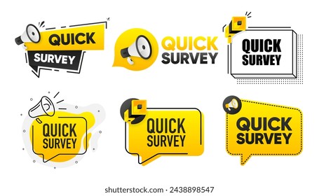Quick Survey. Megaphone label collection with text. Marketing and promotion. Vector Illustration.