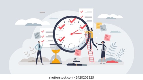 Quick tasks as effective and fast work schedule plan tiny person concept. Clock with hourly deadline for little goals vector illustration. Productive process management with short priority steps.