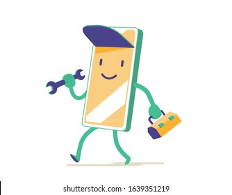 Quick technical assistance. Cute mechanic cartoon character with wrench and toolbox for mobile application - Vector illustration