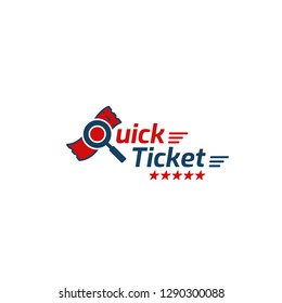 Quick ticket logo with magnifying glass icon blue and red color like american flag with stars for quick and instant ticketing website and service logo