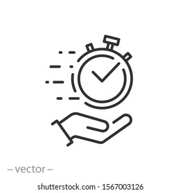 quick time icon, fast deadline, stopwatch on the hand, rapid, thin line web symbol isolated on white background - editable stroke vector illustration eps10