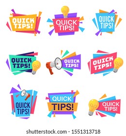 Quick tip. Helpful tricks and advice blog post badges with idea light bulb and megaphone symbols on creative origami banners vector blogging colorful text labels