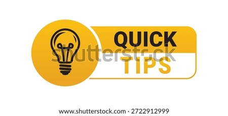 Quick tip icon with bulb and logo design for business guide or sticker, with a helpful trick and hint in a banner template for advice, quiz or insight.