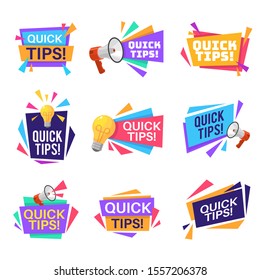 Quick tip labels. Helpful tricks and advice blog post badges with idea light bulb and megaphone symbols and text, reminders sticker isolated vector set