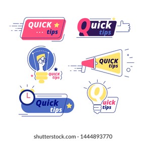Quick tip. Tricks quick tips solution logos helpful advice text shapes isolated vector labels. Illustration of quick info, suggestion and reminde tips