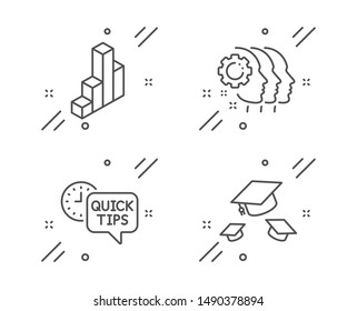 Quick Tips, 3d Chart And Employees Teamwork Line Icons Set. Throw Hats Sign. Helpful Tricks, Presentation Column, Collaboration. College Graduation. Science Set. Line Quick Tips Outline Icon. Vector