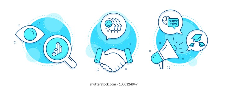 Quick tips, 3d chart and Employees teamwork line icons set. Handshake deal, research and promotion complex icons. Throw hats sign. Helpful tricks, Presentation column, Collaboration. Vector