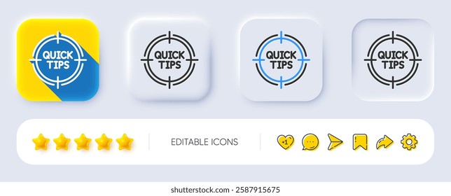 Quick tips aim line icon. Neumorphic, Flat shadow, 3d buttons. Helpful tricks target sign. Line tips icon. Social media icons. Vector
