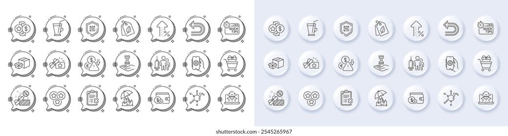 Quick tips, App settings and Deflation line icons. White pin 3d buttons, chat bubbles icons. Pack of Undo, Packing boxes, Loyalty points icon. Fraud, Loyalty gift, Shopping trolley pictogram. Vector