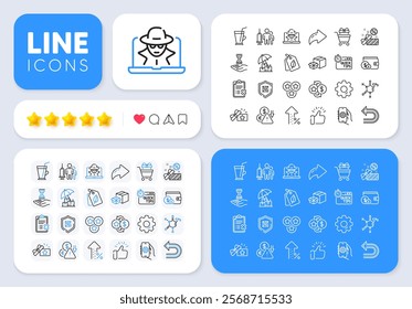 Quick tips, App settings and Deflation line icons for web app. Message, Share, Like social media icons. Pack of Undo, Packing boxes, Loyalty points pictogram icons. Vector