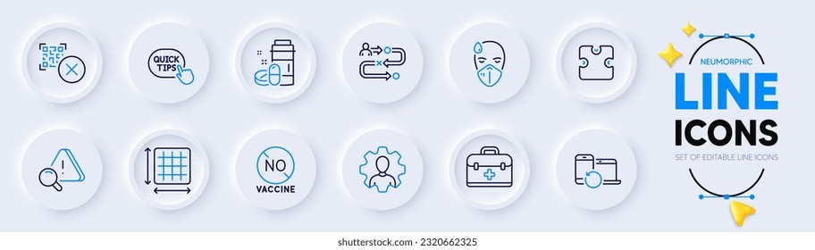 Quick tips, Attention and No vaccine line icons for web app. Pack of Sick man, Journey path, Puzzle pictogram icons. Professional, Square area, Recovery devices signs. First aid, Qr code. Vector