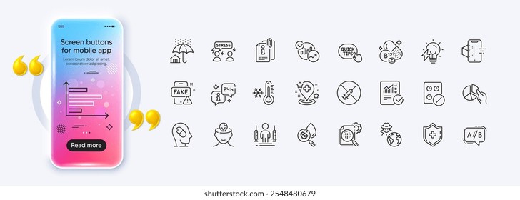 Quick tips, Augmented reality and Low thermometer line icons for web app. Phone mockup gradient screen. Pack of Coronavirus injections, Medical tablet, Difficult stress pictogram icons. Vector