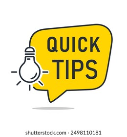 Quick Tips-Abzeichen, Banner mit Glühbirne und Sprechblasen, Vektorgrafik einzeln auf weißem Hintergrund.