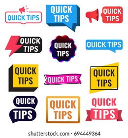 Quick tips. Badge, icon, set. Flat vector illustrations on white background.
