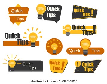 Quick Tips badge with light bulb and speech bubble. Trendy flat vector on white background. Quick tips, hint, helpful tricks, tooltip for website. Vector Illustration.