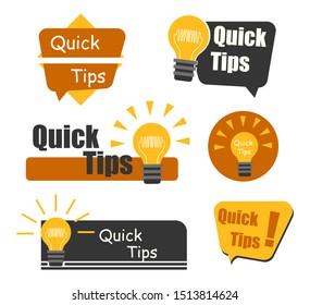 Quick Tips badge with light bulb and speech bubble. Trendy flat vector on white background. Quick tips, hint, helpful tricks, tooltip for website. Vector Illustration.
