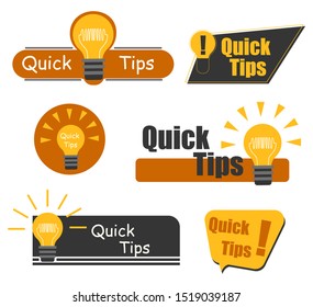 Quick Tips badge with light bulb and speech bubble. Trendy flat vector on white background. Quick tips, hint, helpful tricks, tooltip for website. Vector Illustration.