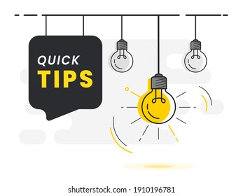 Quick Tips badge with light bulb on speech bubble. Trendy flat vector illustration.