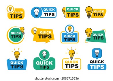Quick tips badge set. Quick tips logo with light bulb. Top tips, helpful tricks, tooltip, advice and idea for business and advertising. Vector illustration.