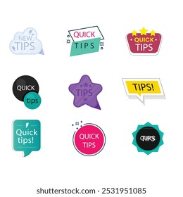Conjunto de insignias de consejos rápidos. Logotipo de consejos rápidos con bombilla. Los mejores consejos, trucos útiles, consejos e ideas para negocios y publicidad. Ilustración vectorial.