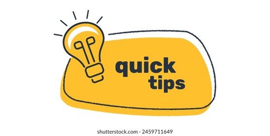 Quick tips badge in yellow with a light bulb. Speech bubble with quick tips text. Flat modern minimal trend. Vector illustration.