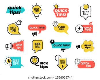 Quick tips badges. Graphic stickers ideas reminders quickly thinks solutions learning logos vector collection
